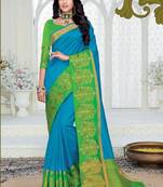 Blue woven dupion silk saree with blouse