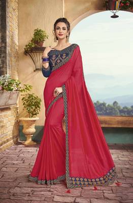 Magenta embroidered crepe saree with blouse 1