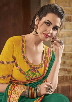 Green embroidered crepe saree with blouse 2