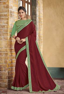 Maroon embroidered crepe saree with blouse 1