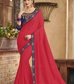Red embroidered crepe saree with blouse