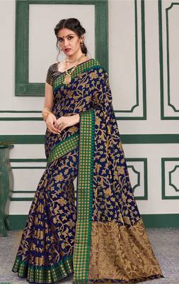 Blue woven art silk saree with blouse 1