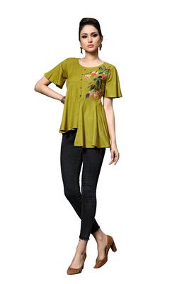 Blissta Women's Embroidered Mahendi Green Slub Rayon Western Wear Tunic Top for Women/Girls 1
