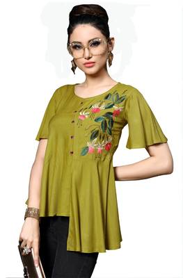 Blissta Women's Embroidered Mahendi Green Slub Rayon Western Wear Tunic Top for Women/Girls 2
