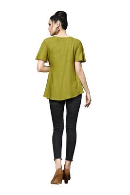 Blissta Women's Embroidered Mahendi Green Slub Rayon Western Wear Tunic Top for Women/Girls 3
