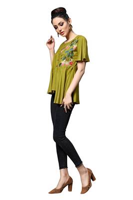 Blissta Women's Embroidered Mahendi Green Slub Rayon Western Wear Tunic Top for Women/Girls 4