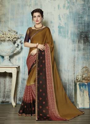 Mustard embroidered silk blend saree with blouse 1