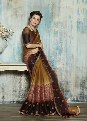 Mustard embroidered silk blend saree with blouse 2