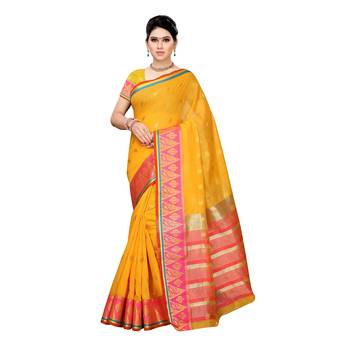 Yellow woven cotton silk saree with blouse 1