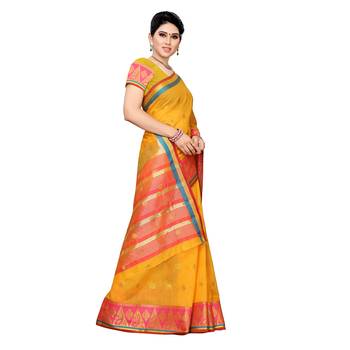 Yellow woven cotton silk saree with blouse 3