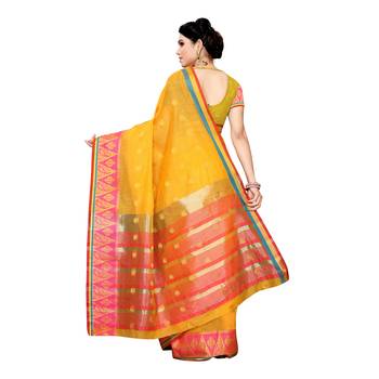 Yellow woven cotton silk saree with blouse 4
