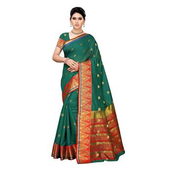 Green woven cotton silk saree with blouse 1