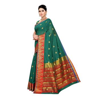 Green woven cotton silk saree with blouse 2