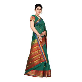 Green woven cotton silk saree with blouse 3