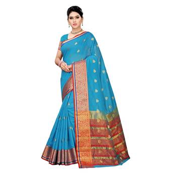 Blue woven cotton silk saree with blouse 1