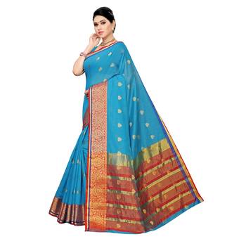 Blue woven cotton silk saree with blouse 2