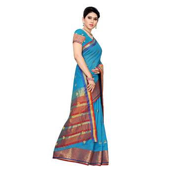 Blue woven cotton silk saree with blouse 3