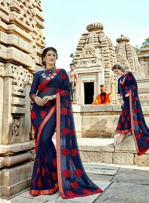 Navy blue embroidered georgette saree with blouse 1