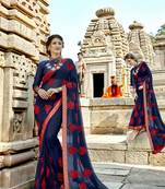 Navy blue embroidered georgette saree with blouse