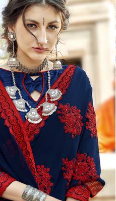 Navy blue embroidered georgette saree with blouse 2