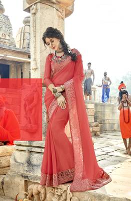 Peach embroidered georgette saree with blouse 1