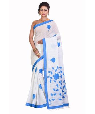 White Cotton Printed Saree Without Blouse Piece 1