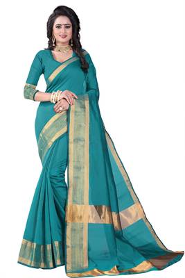 Green Printed Cotton Silk Saree With Blouse 1