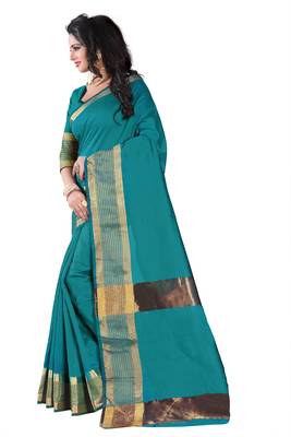 Green Printed Cotton Silk Saree With Blouse 3
