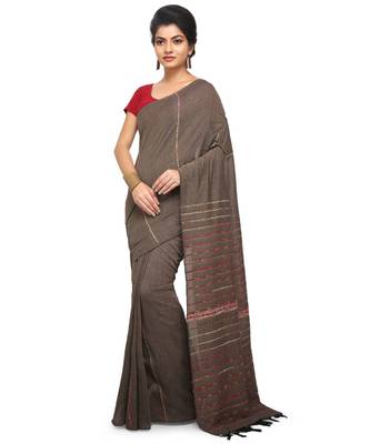 Beige Shantiniketani pure cotton khesh Cotton Saree  With Blouse Piece 1