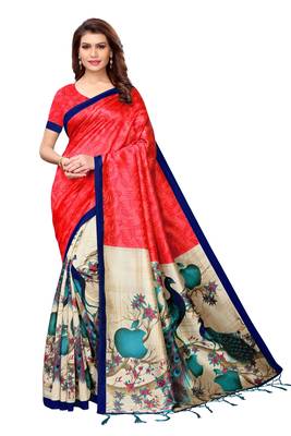 Red printed art silk saree with blouse 1