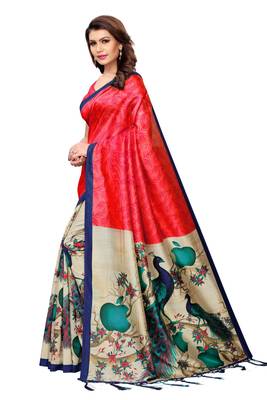 Red printed art silk saree with blouse 2