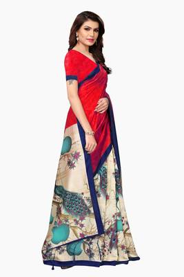 Red printed art silk saree with blouse 3