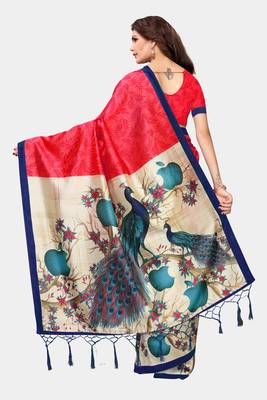 Red printed art silk saree with blouse 4