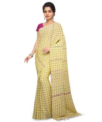 Yellow Shantiniketani pure cotton khesh Cotton Saree  With Blouse Piece 1