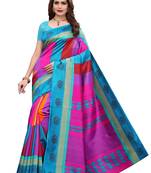 Dark sky blue printed art silk saree with blouse