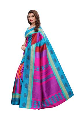 Dark sky blue printed art silk saree with blouse 2