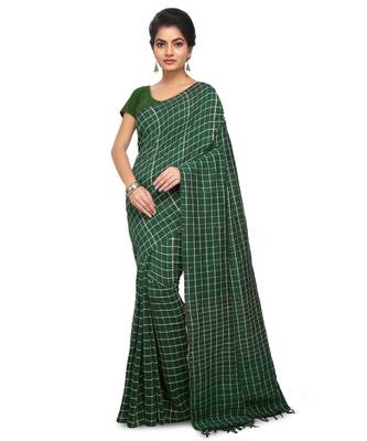 Green Shantiniketani pure cotton khesh Cotton Saree  With Blouse Piece 1