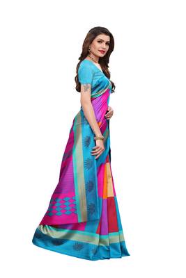 Dark sky blue printed art silk saree with blouse 3