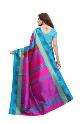 Dark sky blue printed art silk saree with blouse 4