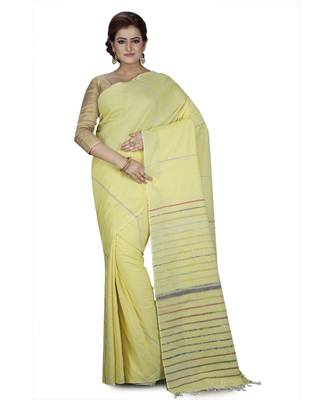 Yellow Shantiniketani pure cotton khesh Cotton Saree  With Blouse Piece 1