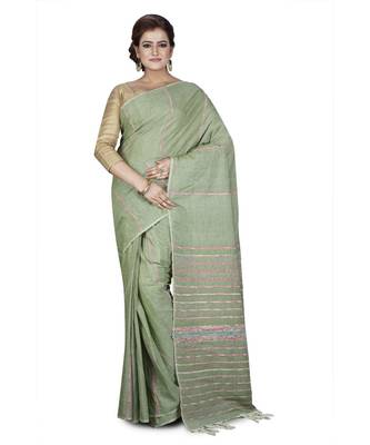 Green Shantiniketani pure cotton khesh Cotton Saree  With Blouse Piece 1