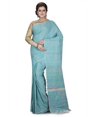 Blue Shantiniketani pure cotton khesh Cotton Saree  With Blouse Piece 1