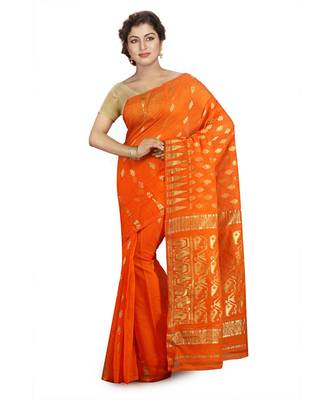 Orange Women's Embroidered Jamdani Handloom Silk Cotton Blend Saree  without Blouse Piece 1