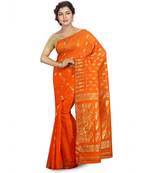 Orange Women's Embroidered Jamdani Handloom Silk Cotton Blend Saree  without Blouse Piece