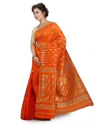 Orange Women's Embroidered Jamdani Handloom Silk Cotton Blend Saree  without Blouse Piece 2