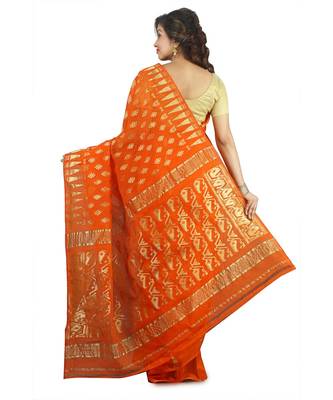 Orange Women's Embroidered Jamdani Handloom Silk Cotton Blend Saree  without Blouse Piece 3