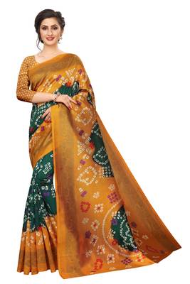 Green printed art silk saree with blouse 2