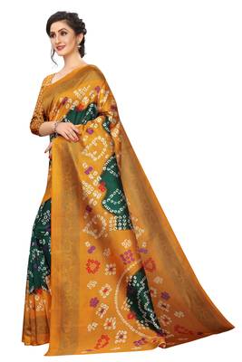 Green printed art silk saree with blouse 3