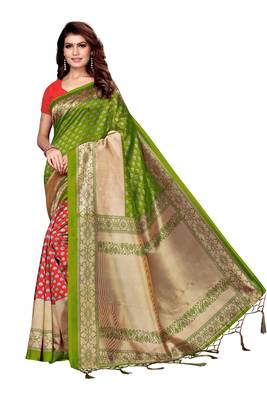 Mehendi printed art silk saree with blouse 1