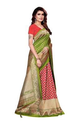 Mehendi printed art silk saree with blouse 3